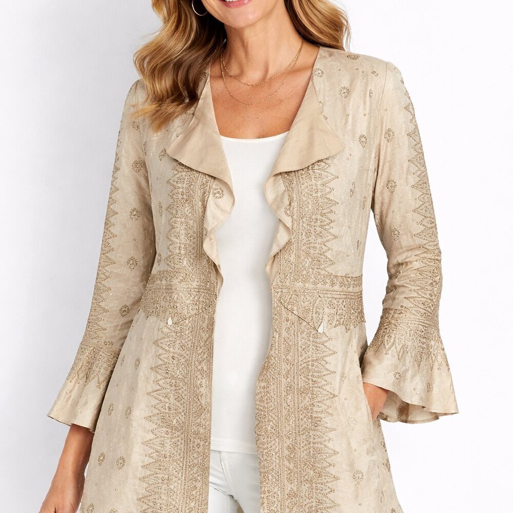 Vocal Jacket Size Small Open Front Ruffle Tan Flared Sleeve Suede Lace Up Back